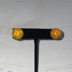 Mustard Enameled Ornate Ball Stud Earrings